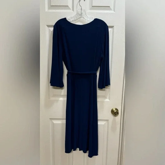 Chicos Faux Wrap Dress Navy V Neck Kimono Sleeves Midi A Line Work Size 2 US Lg - Picture 2 of 10